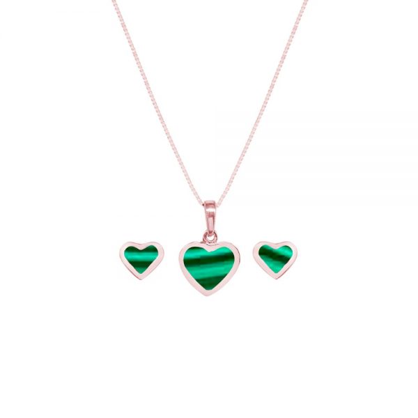 Rose Gold Malachite Heart Shaped Pendant and Earring Set