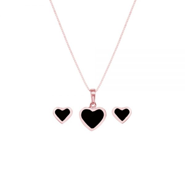 Rose Gold Whitby Jet Heart Shaped Pendant and Earring Set