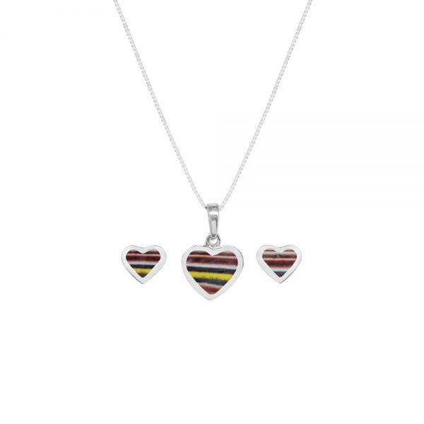 Silver Fordite Heart Shaped Pendant and Earring Set