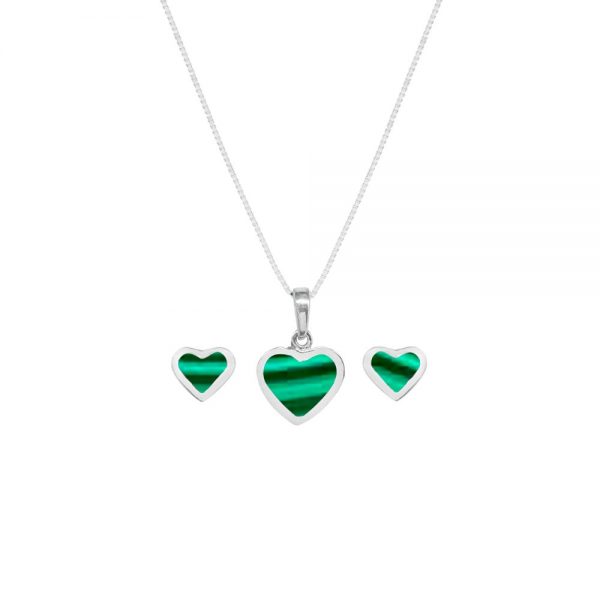 Silver Malachite Heart Shaped Pendant and Earring Set