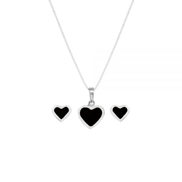 Silver Whitby Jet Heart Shaped Pendant and Earring Set