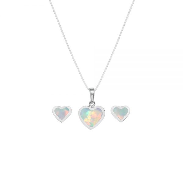 White Gold Opalite Sun Ice Heart Shaped Pendant and Earring Set
