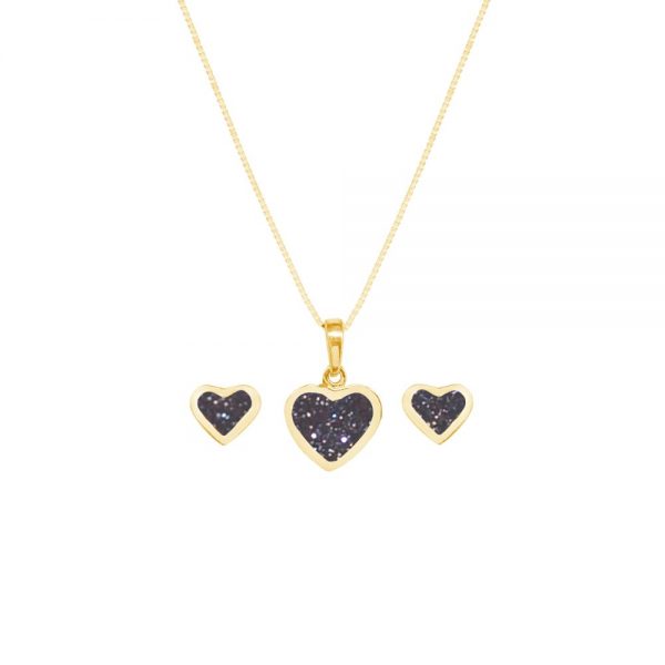 Yellow Gold Blue Goldstone Heart Shaped Pendant and Earring Set