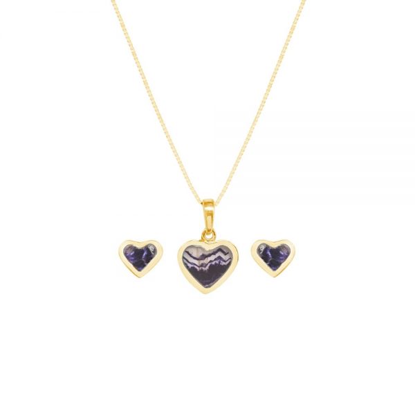 Yellow Gold Blue John Heart Shaped Pendant and Earring Set