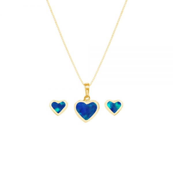 Yellow Gold Opalite Coablt Blue Heart Shaped Pendant and Earring Set