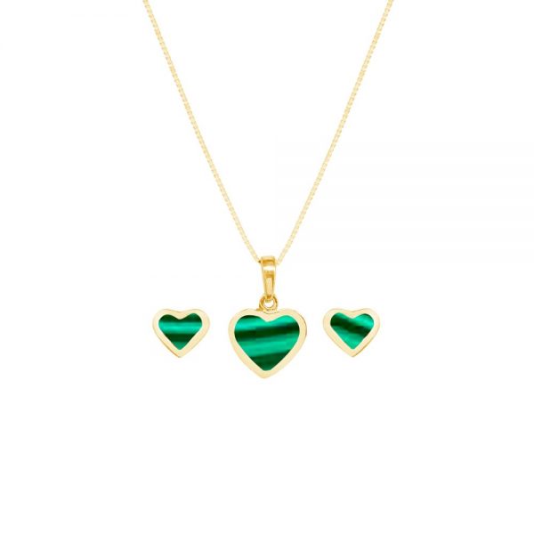 Yellow Gold Malachite Heart Shaped Pendant and Earring Set