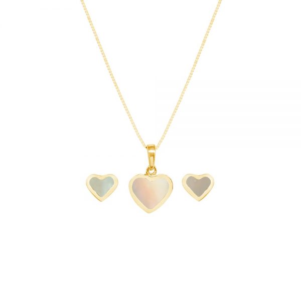 Yellow Gold Mother of Pearl Heart Shaped Pendant and Earring Set