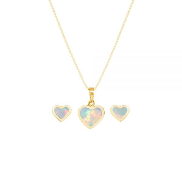 Yellow Gold Opalite Sun Ice Heart Shaped Pendant and Earring Set