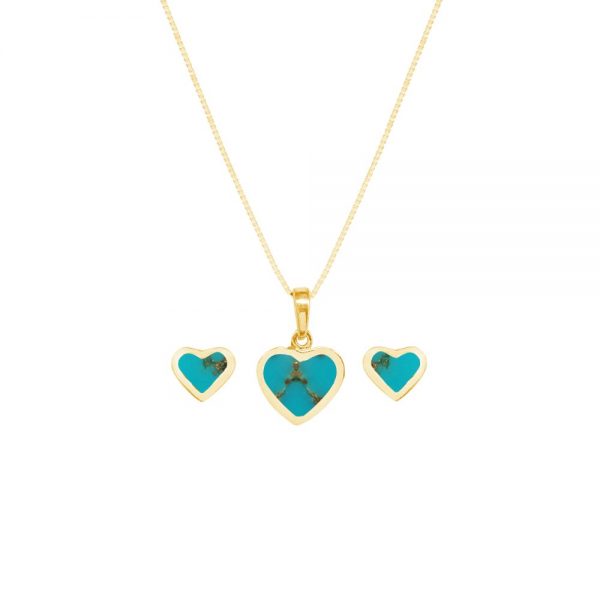Yellow Gold Turquoise Heart Shaped Pendant and Earring Set