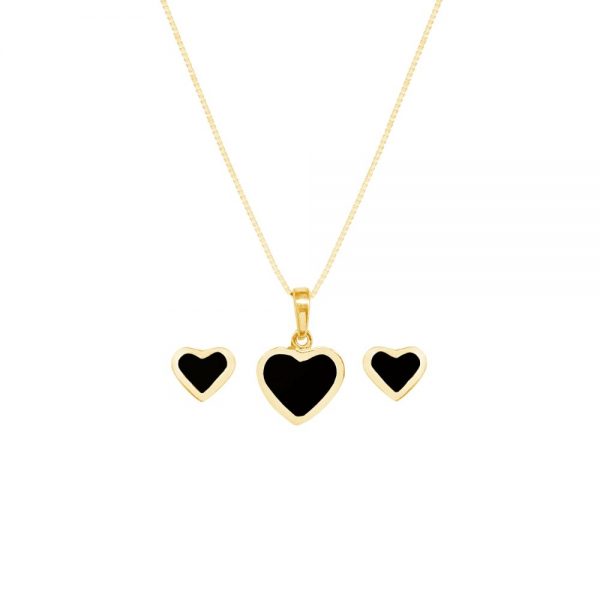 Yellow Gold Whitby Jet Heart Shaped Pendant and Earring Set