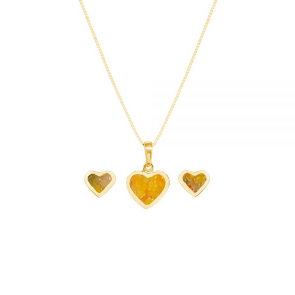 Yellow Gold Bumblebee Jasper Heart Shaped Pendant and Earring Set