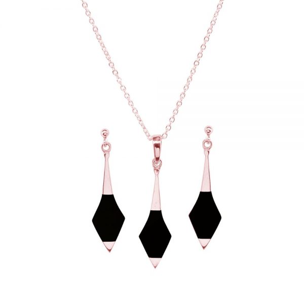 Rose Gold Whitby Jet Pendant and Earring Set