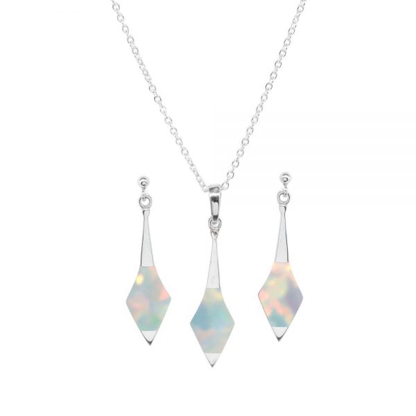 White Gold Opalite Sun Ice Pendant and Earring Set