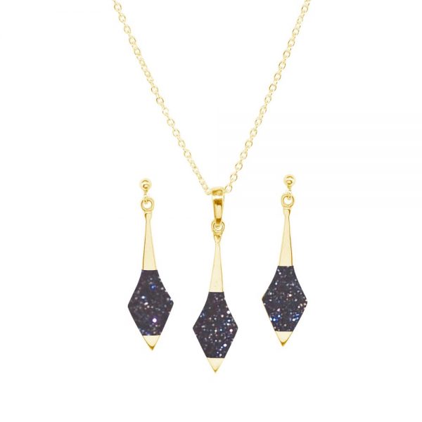 Yellow Gold Blue Goldstone Pendant and Earring Set