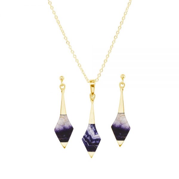 Yellow Gold Blue John Pendant and Earring Set