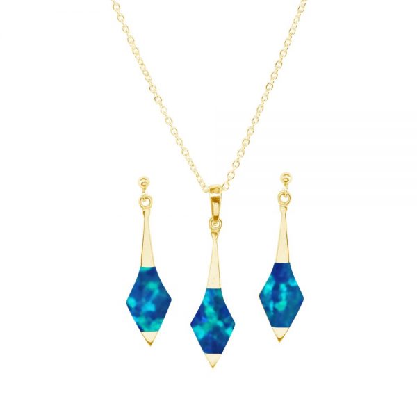 Yellow Gold Opalite Cobalt Blue Pendant and Earring Set