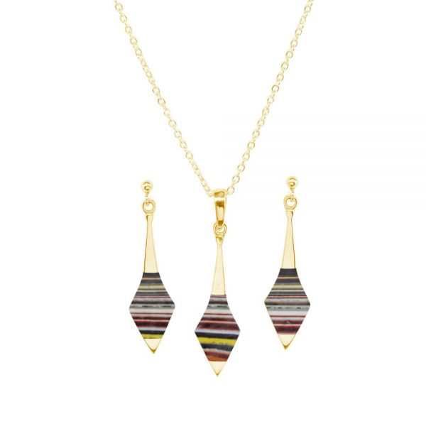 Yellow Gold Fordite Pendant and Earring Set