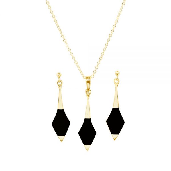 Yellow Gold Whitby Jet Pendant and Earring Set