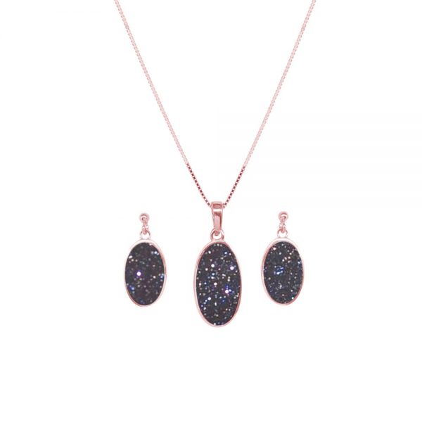 Rose Gold Blue Goldstone Oval Pendant and Earring Set