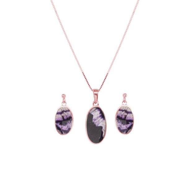 Rose Gold Blue John Oval Pendant and Earring Set