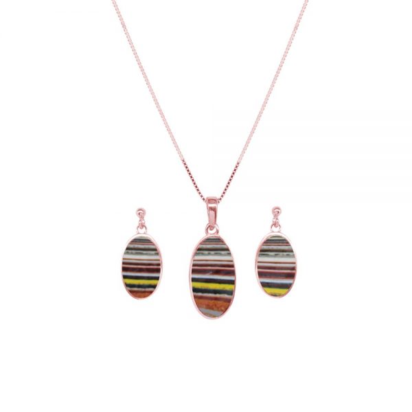 Rose Gold Fordite Oval Pendant and Earring Set