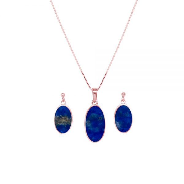 Rose Gold Lapis Oval Pendant and Earring Set