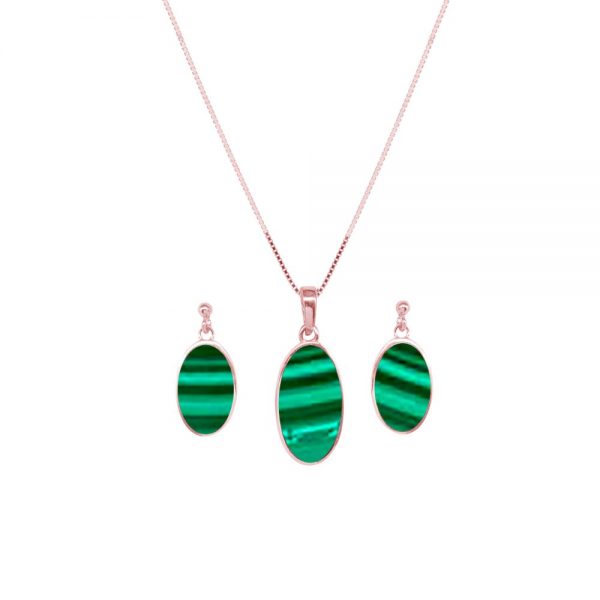 Rose Gold Malachite Oval Pendant and Earring Set
