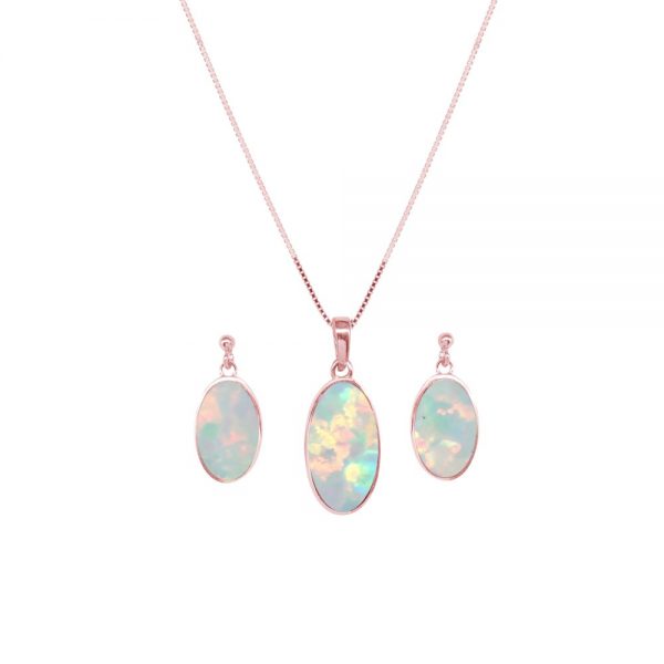 Rose Gold Opalite Sun Ice Oval Pendant and Earring Set