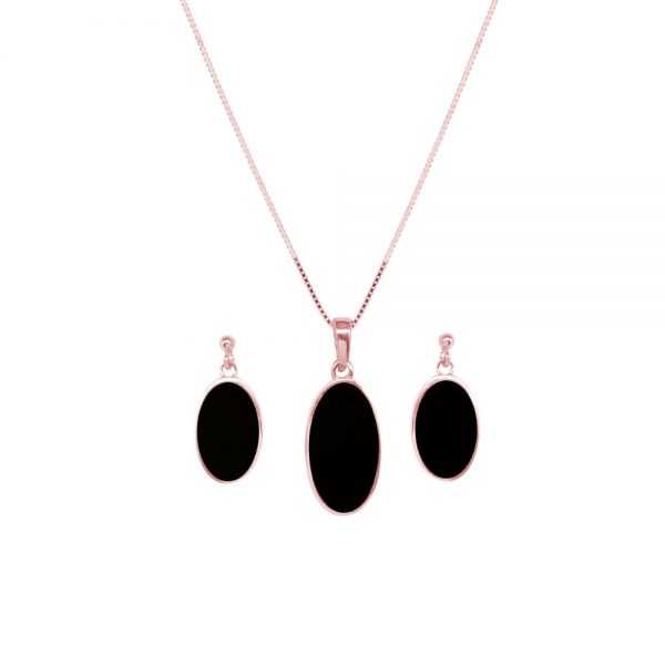 Rose Gold Whitby Jet Oval Pendant and Earring Set