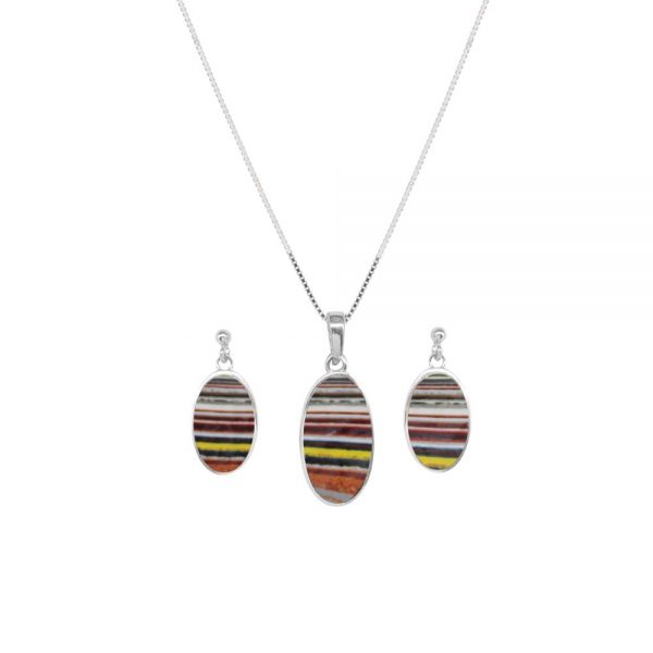 Silver Fordite Oval Pendant and Earring Set