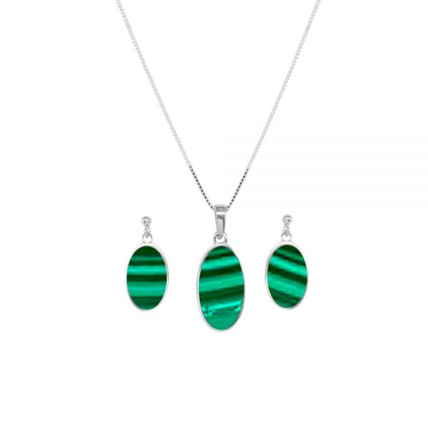 Silver Malachite Oval Pendant and Earring Set