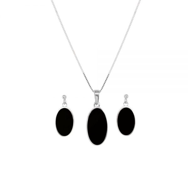Silver Whitby Jet Oval Pendant and Earring Set