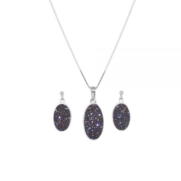 White Gold Blue Goldstone Oval Pendant and Earring Set