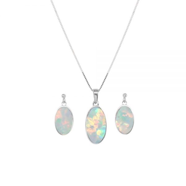 White Gold Opalite Sun Ice Oval Pendant and Earring Set
