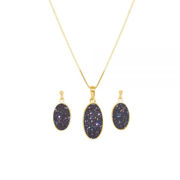 Yellow Gold Blue Goldstone Oval Pendant and Earring Set