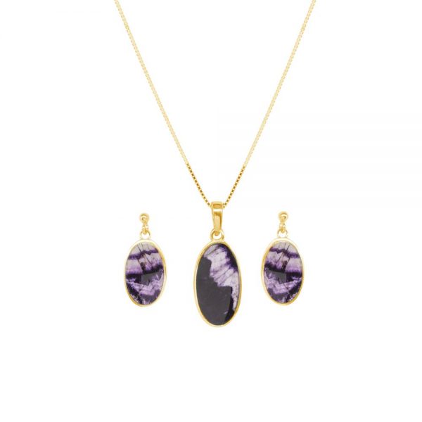 Yellow Gold Blue John Oval Pendant and Earring Set