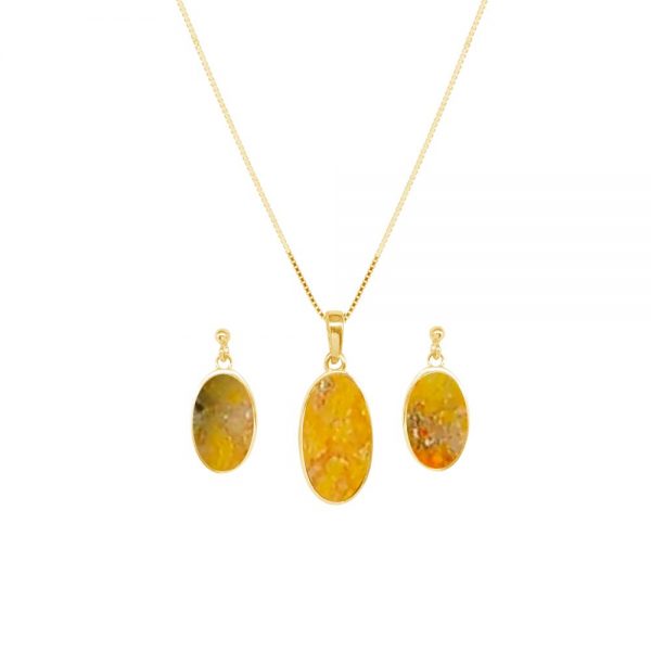 Yellow Gold Bumblebee Jasper Oval Pendant and Earring Set