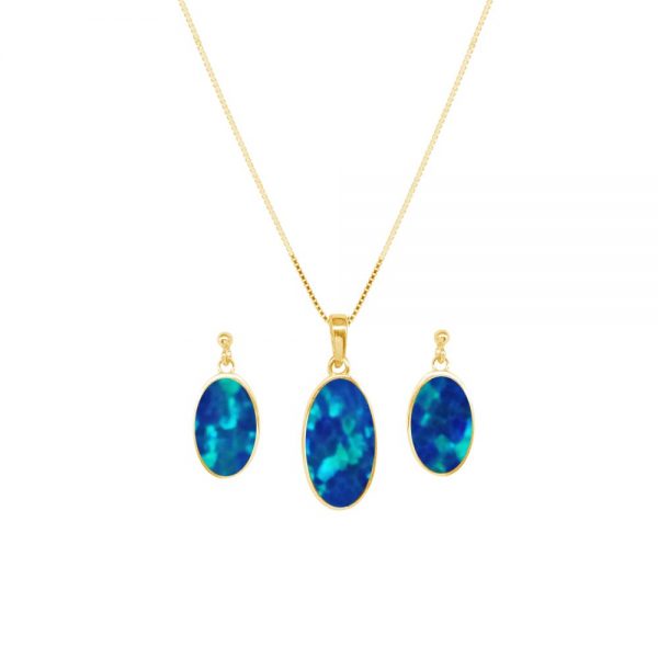 Yellow Gold Opalite Cobalt Blue Oval Pendant and Earring Set