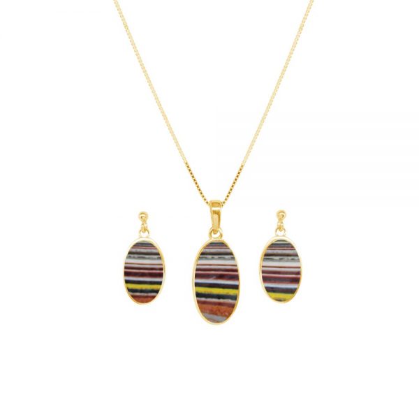 Yellow Gold Fordite Oval Pendant and Earring Set