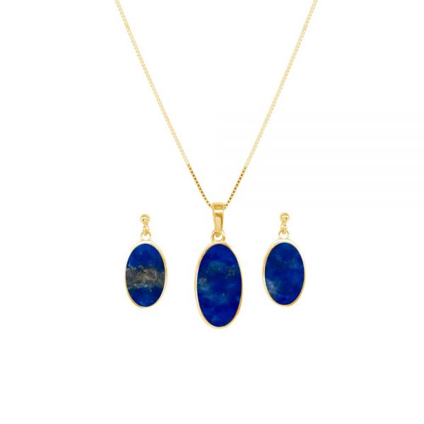 Yellow Gold Lapis Oval Pendant and Earring Set