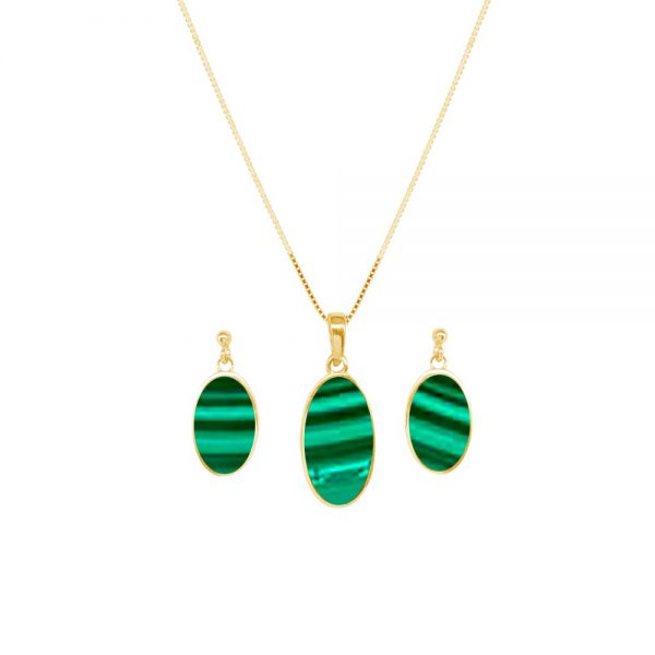 Yellow Gold Malachite Oval Pendant and Earring Set