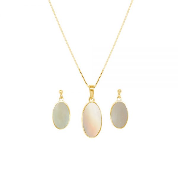 Yellow Gold Mother of Pearl Oval Pendant and Earring Set