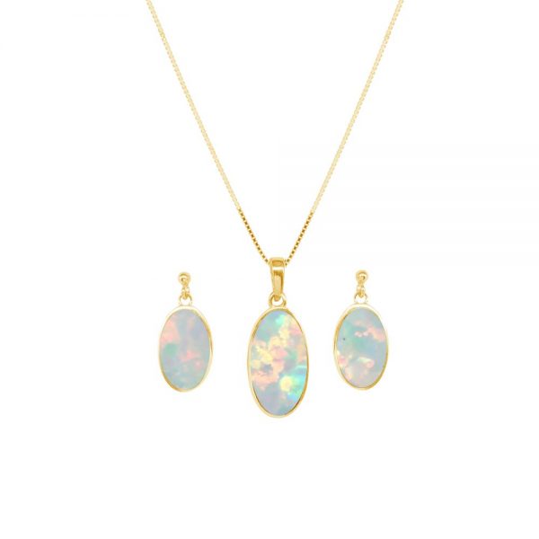 Yellow Gold Opalite Sun Ice Oval Pendant and Earring Set