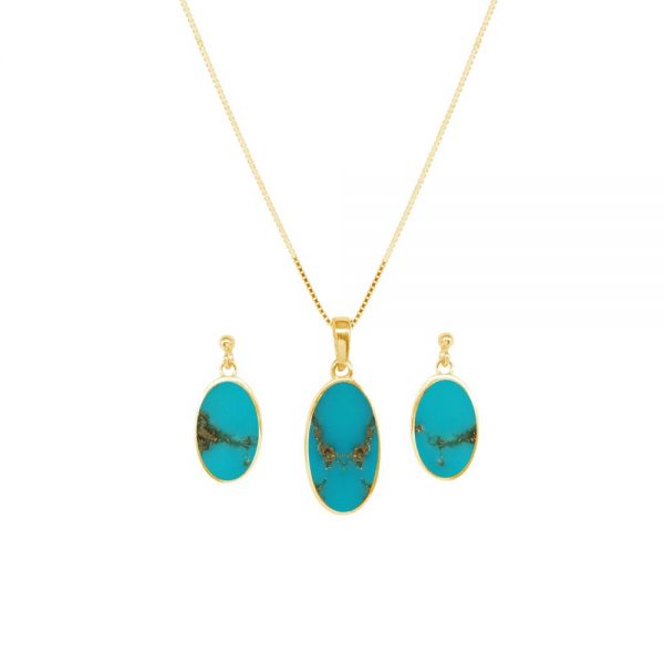 Yellow Gold Turquoise Oval Pendant and Earring Set