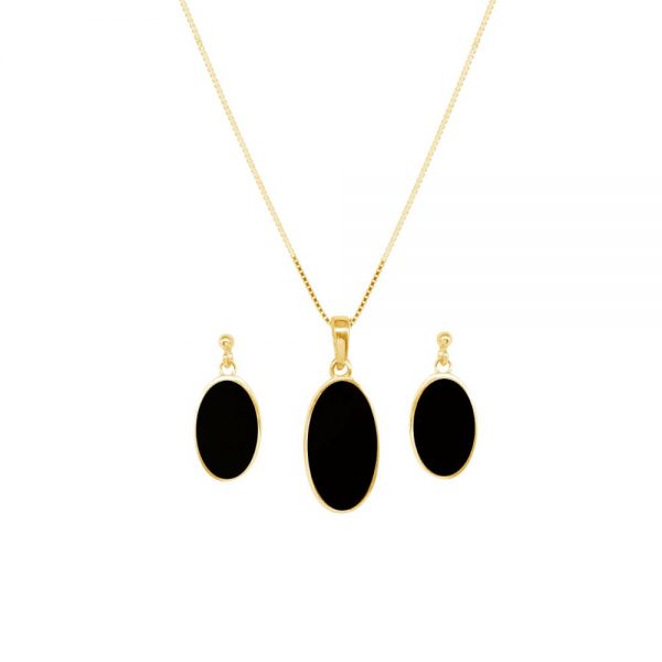 Yellow Gold Whitby Jet Oval Pendant and Earring Set