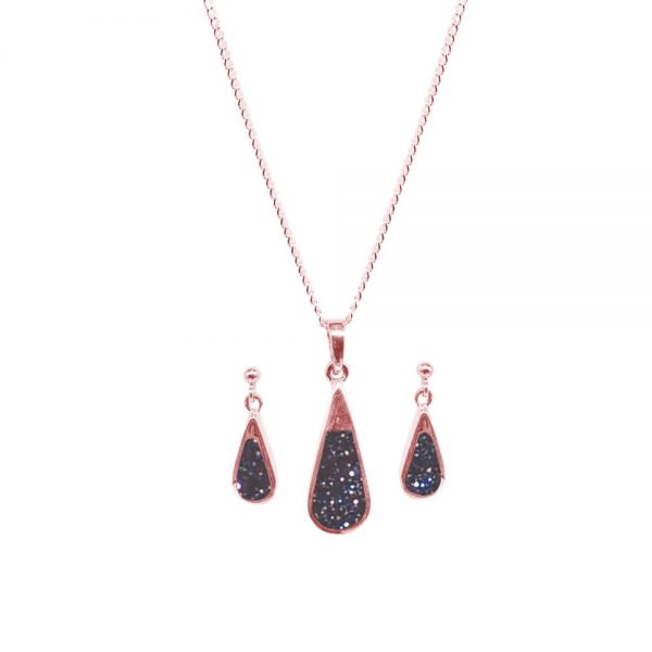 Rose Gold Blue Goldstone Teardrop Pendant and Earring Set