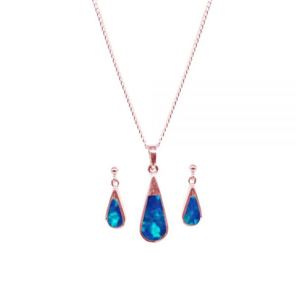 Rose Gold Opalite Cobalt Blue Teardrop Pendant and Earring Set