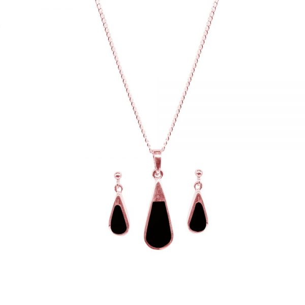 Rose Gold Whitby Jet Teardrop Pendant and Earring Set