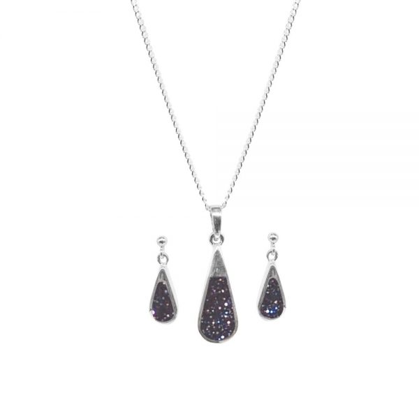 Silver Blue Goldstone Teardrop Pendant and Earring Set