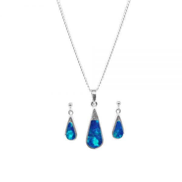 Silver Opalite Cobalt Blue Teardrop Pendant and Earring Set